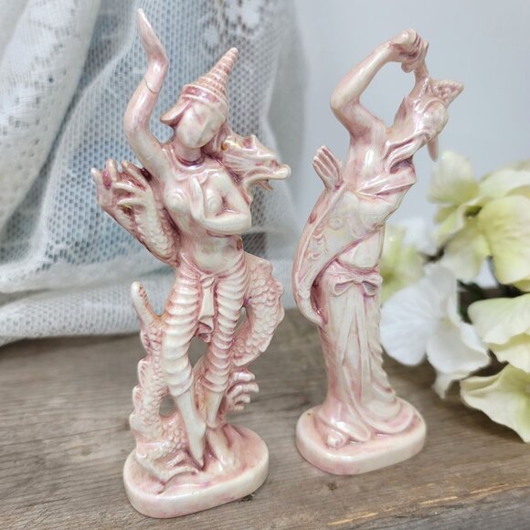 Vintage Ceramic Hindu God & Goddess Statues Pink & White Iridescent Glaze - Picture 2 of 7
